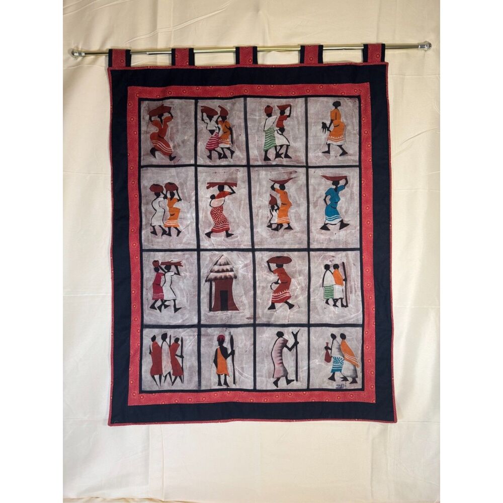 Vintage East African Wax-Resist Batik Textile Wall Hanging 16 Panel Village Life